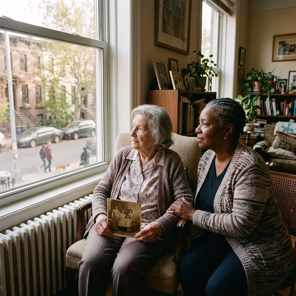 Caregiver reassuring a senior by a window
