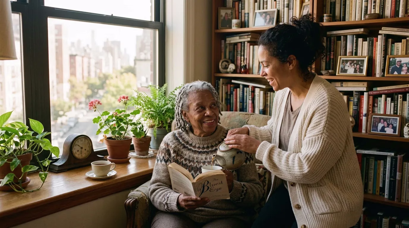 Senior and caregiver in a sunlit living room