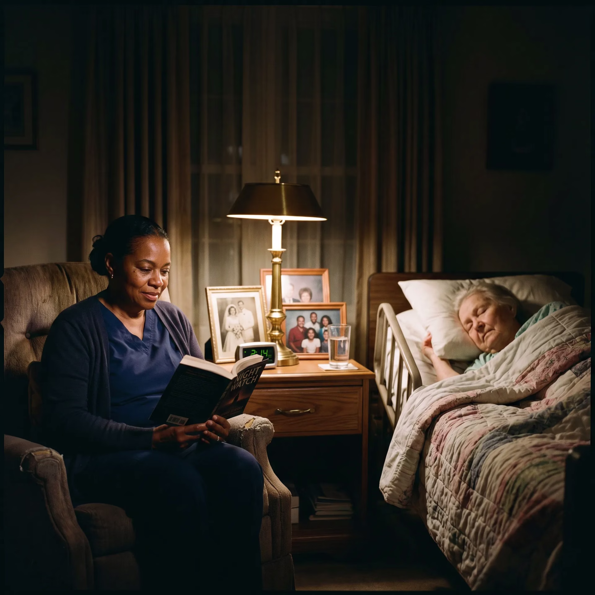 Caregiver attentive beside a resting senior at night