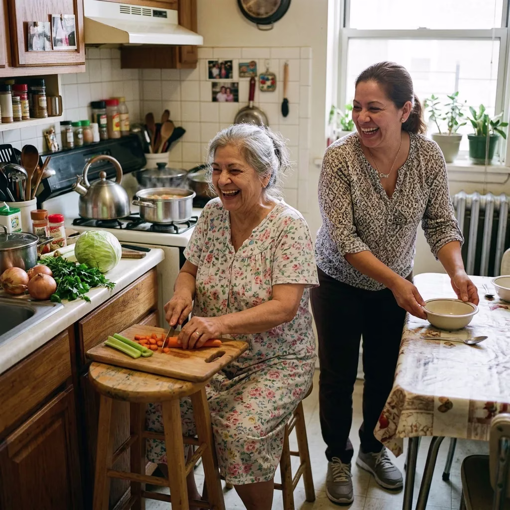 Caregiver and senior cooking together