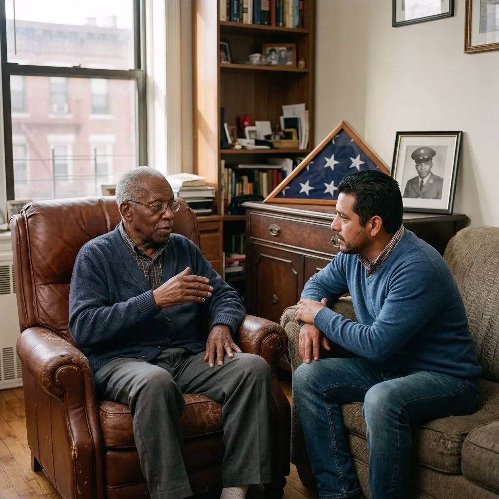 Veteran and caregiver in conversation at home