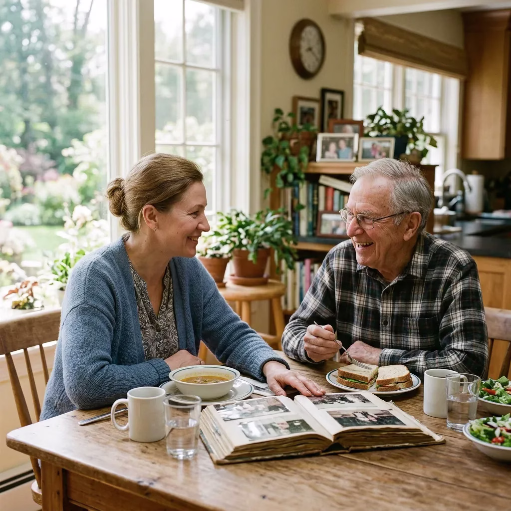 Caregiver and senior sharing lunch at home